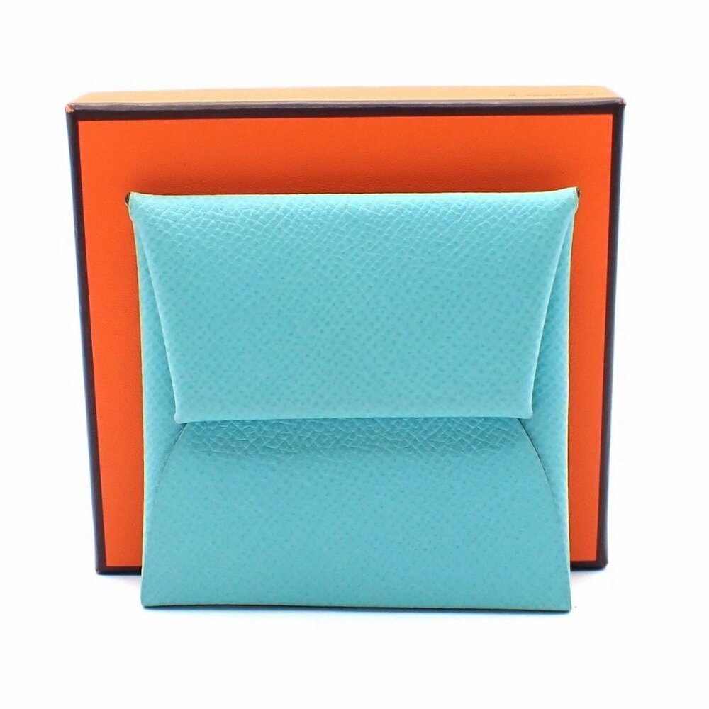 HERMES Logo Bastia Wallet Purse Coin Case Epson Leather Blue 38RL543